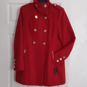 Guess Women's Vibrant Red Pea Coat with Gold Buttons
